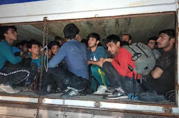 Kamyon kasasındaki çimento torbalarının altından 78 kaçak göçmen çıktı